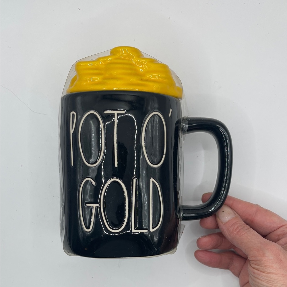 Rae Dunn Black and Yellow Pot O' Gold Mug and Gold Mug Topper